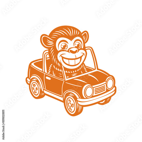 A cheerful cartoon monkey with a wide smile driving an orange convertible car.