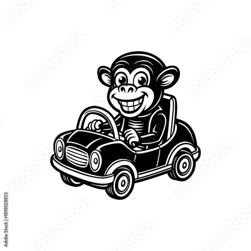 Black and white cartoon monkey with a big smile driving a small car.
