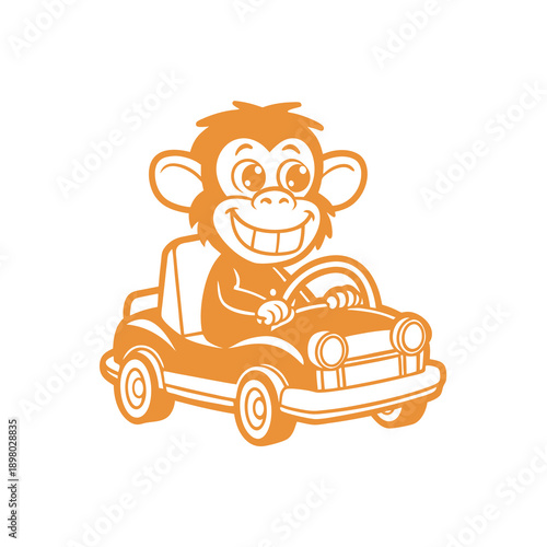 A cheerful orange cartoon monkey with a big smile driving a small, classic-style orange car on a white background.