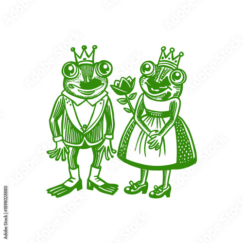 Green cartoon frog prince and princess with crowns, standing together, the princess holding a rose, in a charming storybook illustration style.