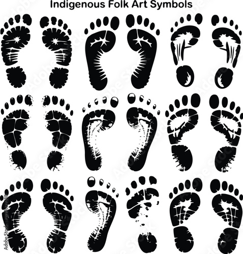 A collection of black human footprint silhouettes adorned with unique indigenous folk art symbols and tribal patterns