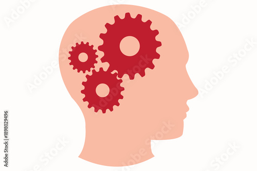 Human head silhouette with gears inside, symbolizing thinking, cognition, and mental processes.eps 10