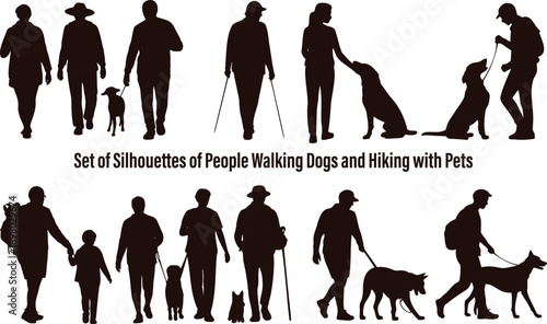 A collection of dark human and pet animal silhouettes showing people walking dogs and enjoying outdoor activities