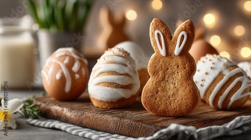 Easter cookie bunny cookie iced cookie gingerbread cookie easter egg holiday dessert sweet treat rustic wood warm light spring decor Soft focus easter cookie bunny cookie iced cookie gingerbread