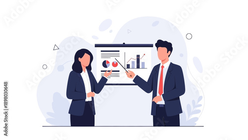 Business meeting: man and woman presenting data on a whiteboard