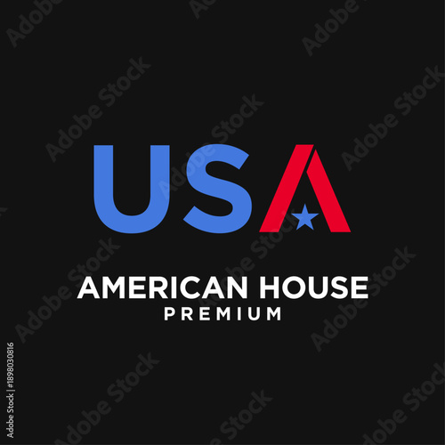 USA American House Premium Logo Design. Modern Graphic with Red A Shaped Like a Roof and Blue Star, Representing American Real Estate and Property.
