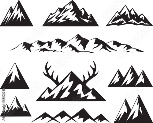 A striking collection of black mountain peak and range silhouettes for various outdoor and adventure themes