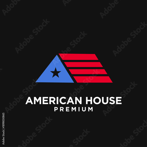 American House Logo Design with Stylized Flag Roof - Real Estate and Home Symbol