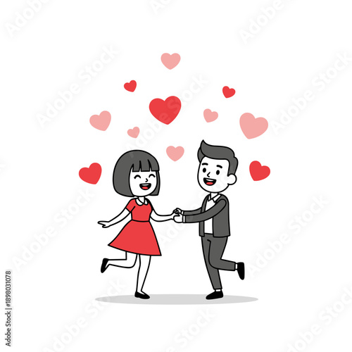 Romantic cartoon couple with a heart celebrating love