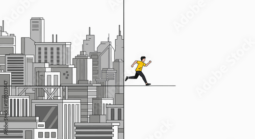 An energetic man sprints away from a monochrome urban landscape towards an expansive blank canvas, illustrating concepts of transition and future possibilities.