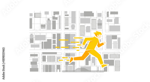 A vibrant, gradient-colored runner swiftly navigates a minimalist urban landscape, symbolizing rapid progress and efficient movement through a modern city map.