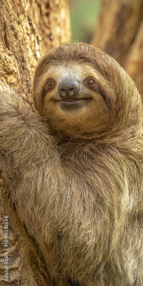 Fototapeta premium Smiling sloth hanging on tree trunk looking at camera