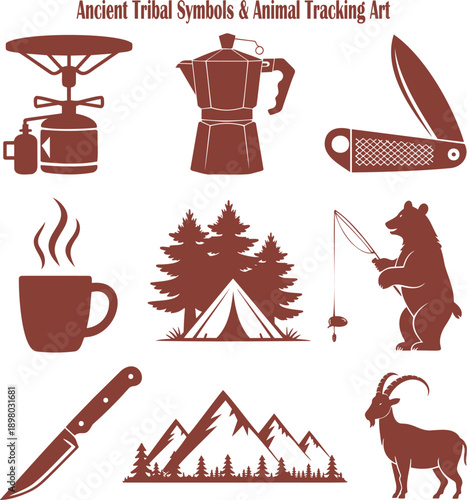 Brown silhouette illustrations of ancient tribal symbols and various items for animal tracking outdoor living