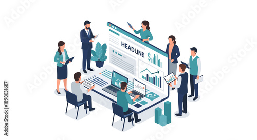 A dynamic group of professionals collaborating in a modern office setting, ideal for business presentations and team-building content.