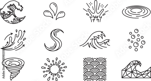 Collection of Black and White Line Art Icons Representing Various Forms of Water and Waves