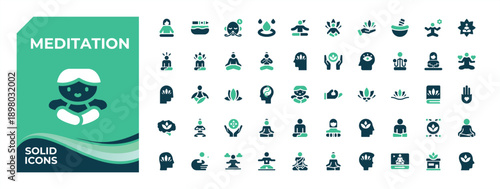 Set of Meditation colorful solid icon. Contains related to spiritual, care, relaxation, relax, yoga, health and more. Filled symbol collection. Meditate filled icon set. Editable vector illustration.