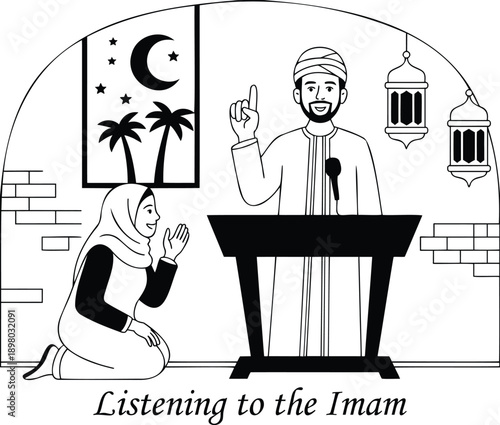 Muslim Imam delivers a sermon from a podium to a woman kneeling and listening attentively