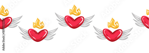 Red winged hearts with golden flames. Seamless vector border.Romantic love symbol for Valentine designs, wedding decor, greeting cards, textiles, and digital wallpapers, office