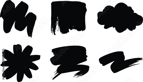 Set of distinct black paint brush strokes on a white background for various design needs