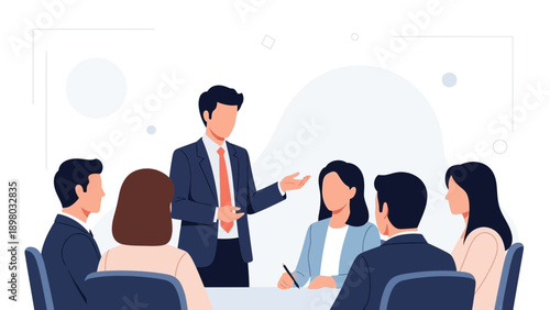 Business meeting with diverse team collaborating in office, leader presenting ideas