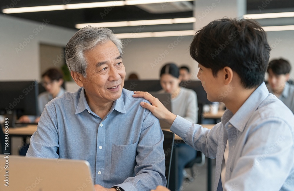Obraz premium Supportive young Asian businessman encouraging his smiling senior mentor while working together on a laptop in a busy modern office.