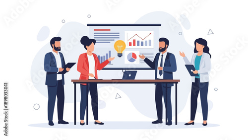 Business team presenting strategy with charts and lightbulb idea on screen