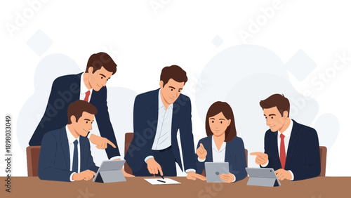 Business Meeting with Diverse Team Collaborating Around Table with Tablets