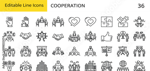Cooperation Editable Line Icon Vector Set with Teamwork Partnership Collaboration and Agreement Symbols for Business Corporate and UI Design Systems