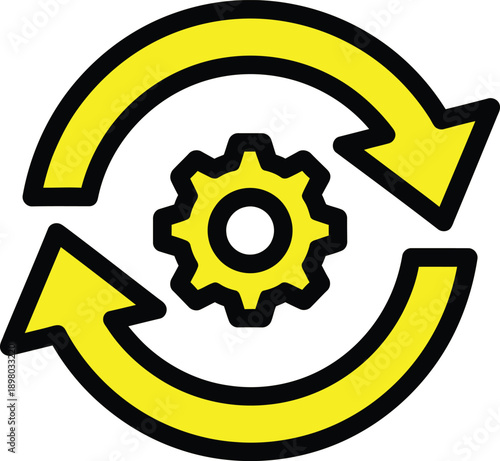 Continuous improvement process with a gear symbol in the center of circular arrows