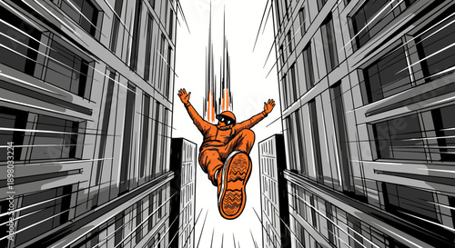 An energetic comic book illustration depicts an orange-clad person in a dramatic, uncontrolled fall between towering city skyscrapers, conveying intense urban action.