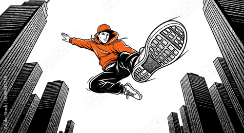 Dynamic graphic illustration depicts a young person in an orange hoodie and cap leaping energetically above city buildings, showcasing urban street vibe.