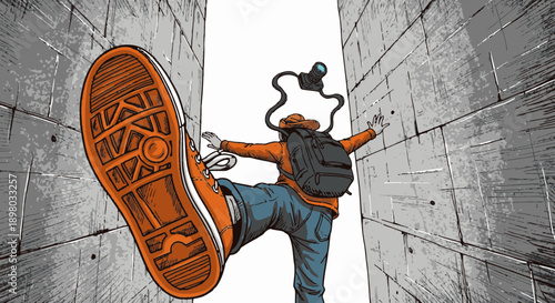 A dynamic illustration captures a person with a backpack and large orange sneaker navigating a narrow, confining space between two towering concrete walls.