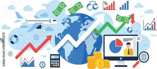 Global Business Growth and Financial Analytics Vector Illustration with World Map Rising Charts Currency Symbols and Digital Investment Strategy Concepts
