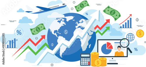 Global Business Growth and Financial Analytics Vector Illustration with World Map Charts Currency Arrows and Digital Economy Investment Concepts