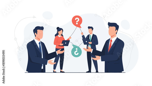 Business people discussing strategy with question marks and laptops