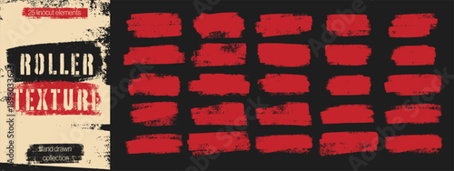 Linocut stamp ink roller texture set. Rough red brayer rectangles with distressed edges on dark background.