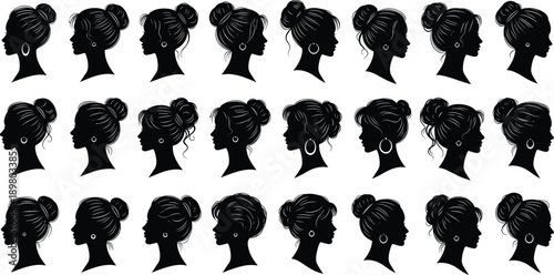 Set of Twenty-Four Female Profile Silhouettes with Updo Hairstyles and Earrings, Black and White Vector Illustration for Beauty Design