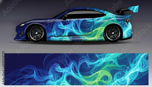 Blue and green abstract smoke pattern car wrap design on a sports coupe.