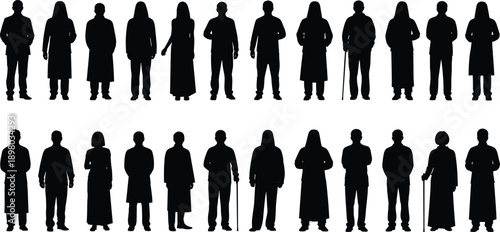 Set of standing people silhouettes, men and women full body vector, elderly figures, traditional clothes, crowd collection, black icons.
