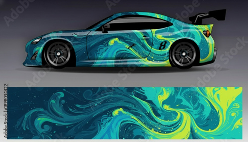A sports car with a dynamic blue and green fluid art wrap design.