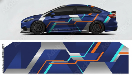 Blue sedan car showcasing a modern geometric graphic vinyl wrap design with abstract lines and shapes.