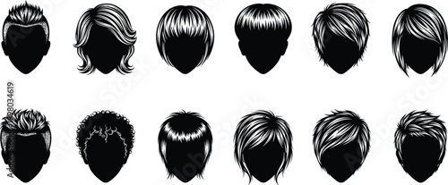 Set of hairstyle silhouettes, men and women hair cuts, black vector avatar collection, barber shop icons, fashion wig illustration.