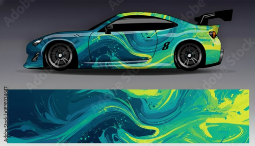 A sports car with a vibrant teal, blue, and lime green abstract fluid graphic wrap design.