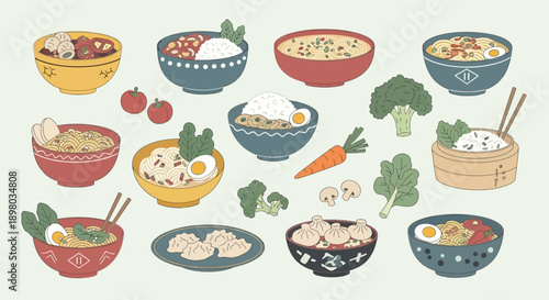 Koleksi Ilustrasi Makanan Asia: Sushi, Ramen, Dim Sum, dan Hidangan Populer Lainnya
