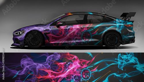 A sports car with a vibrant, abstract smoke-like graphic wrap in purple, pink, and blue, featuring a large rear spoiler.