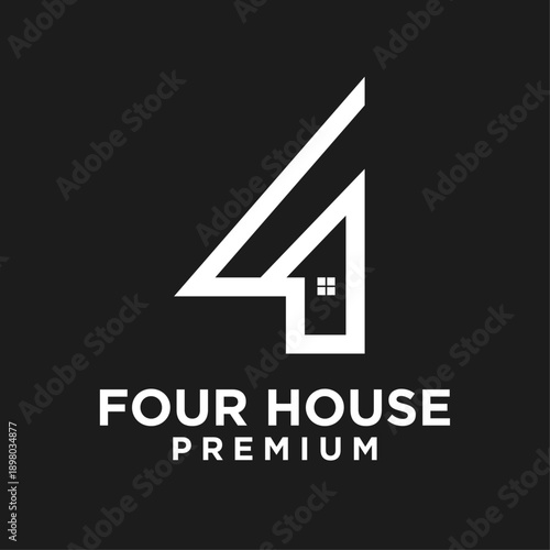 Modern minimalist line art logo combining the number four and a house icon, suitable for real estate, property development, or home construction businesses.