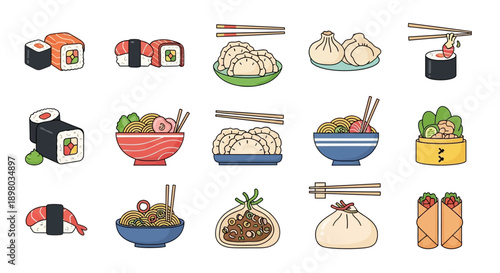 Koleksi Ilustrasi Makanan Asia: Sushi, Ramen, Dim Sum, dan Hidangan Populer Lainnya