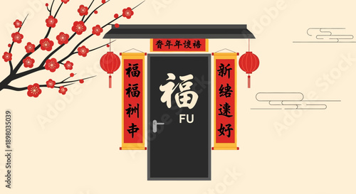 Three happy children celebrating Chinese New Year by lighting firecrackers under red lanterns and cherry blossoms, enjoying the festive atmosphere.