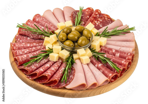 A vibrant charcuterie board with meats cheese olives and herbs on transparent background