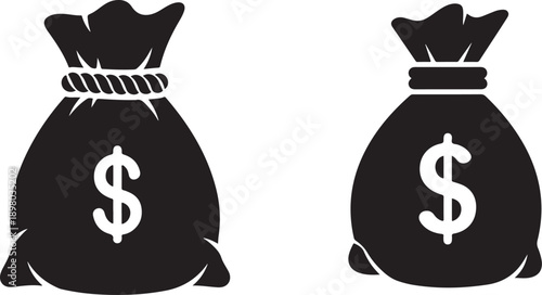 Black Money Bag Icon with Dollar Symbol Isolated on White Background